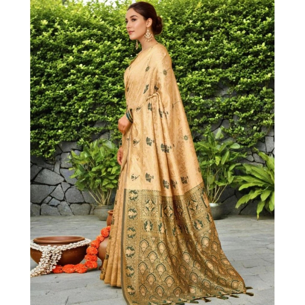 Generic Women's Silk Blend Woven Paithani Saree With Unstitched Blouse 5.5Mtr (Cream)