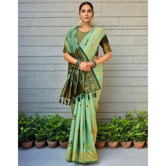 Generic Women's Silk Blend Woven Zari Work Saree With Unstitched Blouse 5.5Mtr (Mint Green)