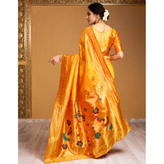 Generic Women's Silk Blend Paithani Saree With Unstitched Blouse 5.5Mtr (Mustard)