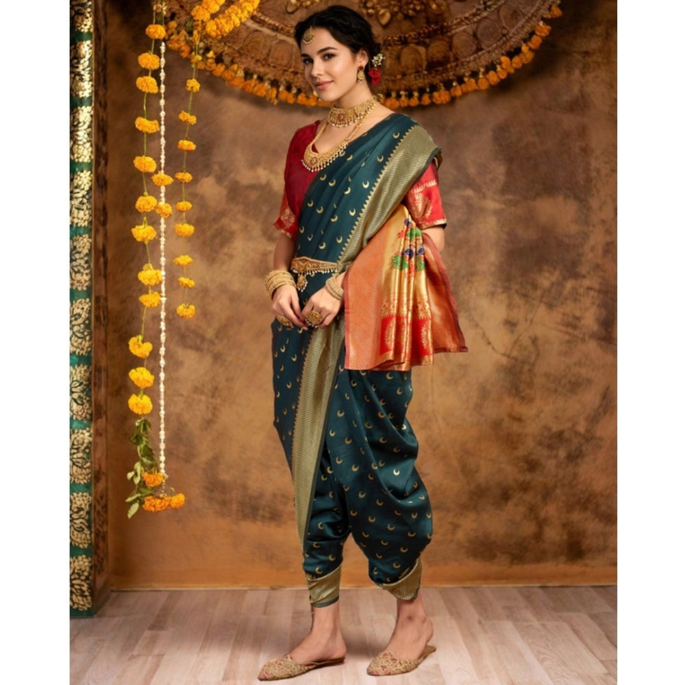 Generic Women's Silk Blend Zari Woven Saree With Unstitched Blouse 5.5Mtr (Dark-Green)