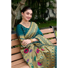 Generic Women's Silk Blend Paithani Weaving Saree With Unstitched Blouse 5.5Mtr (Teal)