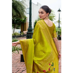 Generic Women's Silk Blend Zari Woven Saree With Unstitched Blouse 5.5Mtr (Lime Green)
