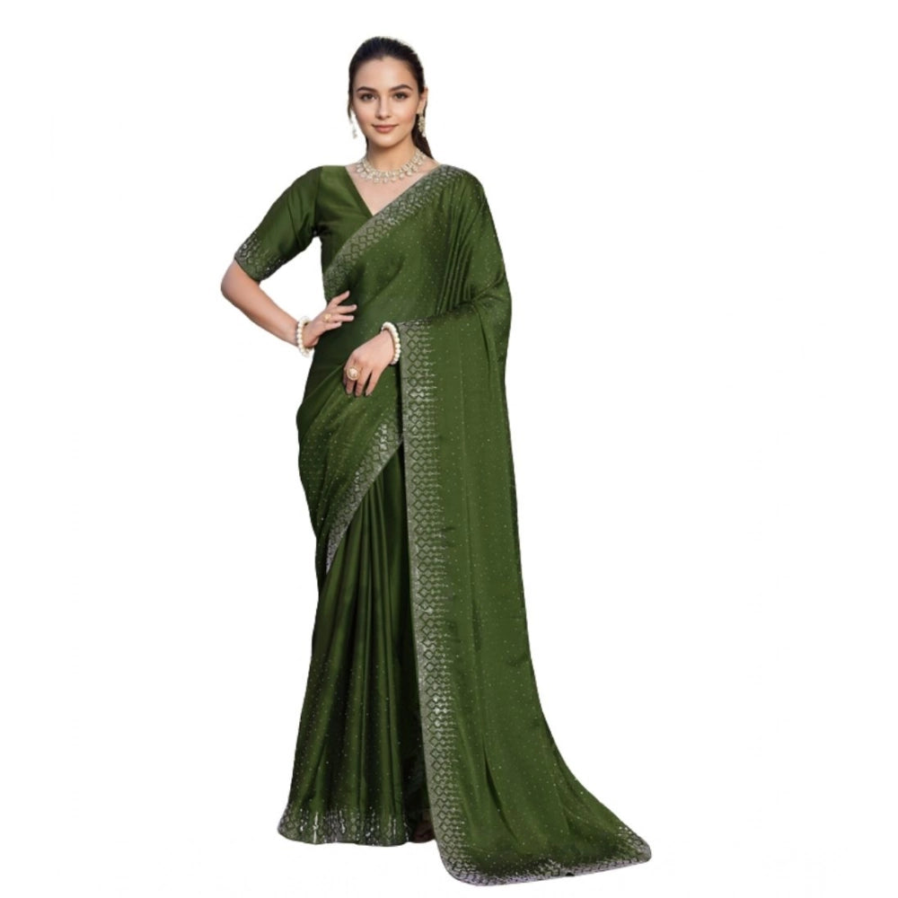 Generic Women's Rangoli Diamond Weaving - Stone Work Saree With Unstitched Blouse 5.5Mtr (Mahendi)