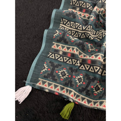 Generic Women's Linen Cotton  Printed Saree With Unstitched Blouse 5.5Mtr (Blue)