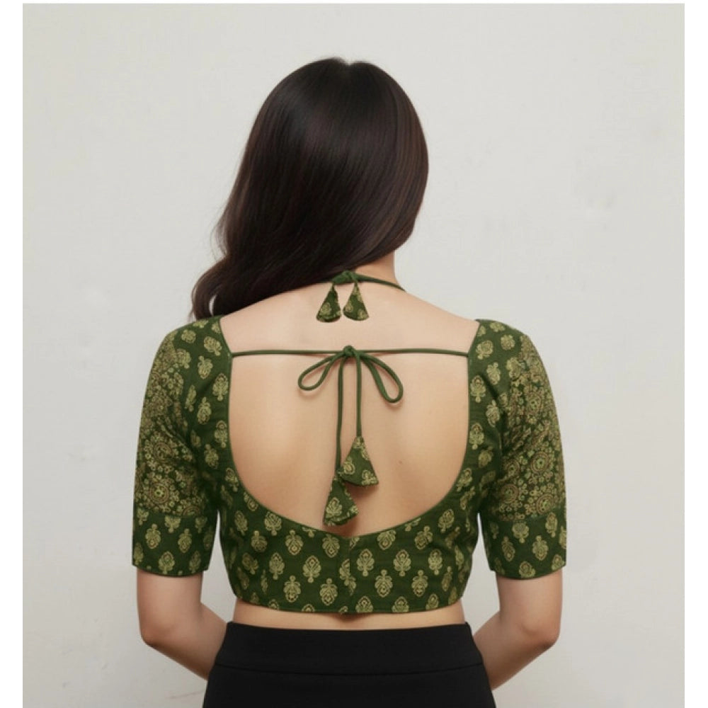 Generic Women's Ajrakh Cotton Printed Sweetheart Padded Blouse (Olive 38 Ready (Self Alterable 36–40)