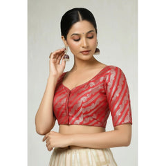 Generic Women's Jacquard Zari Round Neck Padded Blouse (Red 38 Ready (Self Alterable 36–40)