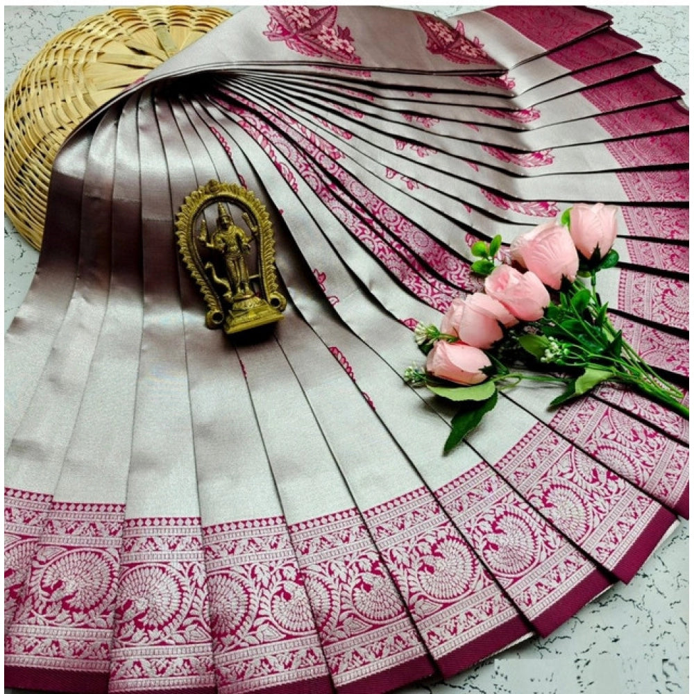 Generic Women's Soft Silk Printed Saree With Unstitched Blouse 5.5Mtr (Silver Brown)