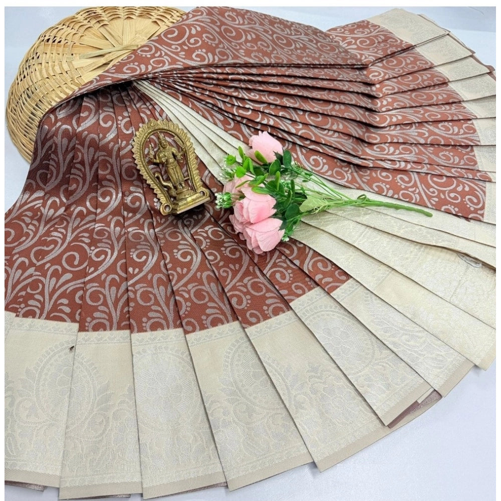 Generic Women's Soft Silk Printed Saree With Unstitched Blouse 5.5Mtr (Brown)