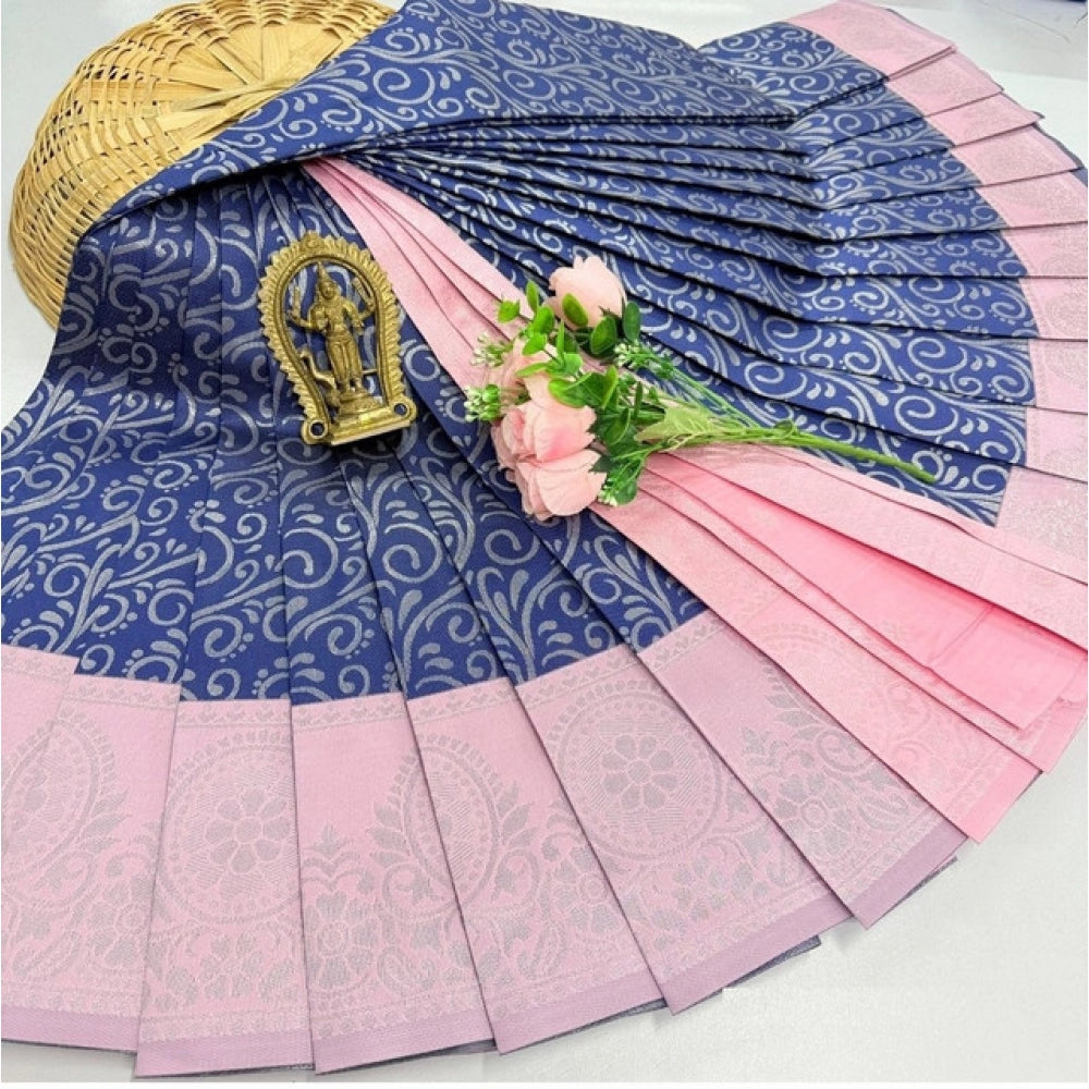 Generic Women's Soft Silk Printed Saree With Unstitched Blouse 5.5Mtr (Violet Blue)