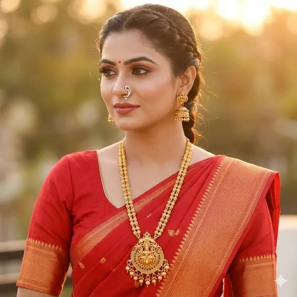 Grisha Jewellery South Indian Design Matt Bead Brass Gold Plated Matte Long Haram Necklace Jewellery Set For Women And Girls