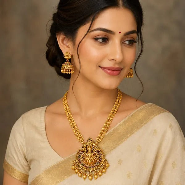 Grisha Jewellery South Indian Design Matt Bead Brass Gold Plated Matte Long Haram Necklace Jewellery Set For Women And Girls