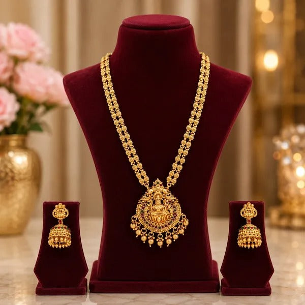 Grisha Jewellery South Indian Design Matt Bead Brass Gold Plated Matte Long Haram Necklace Jewellery Set For Women And Girls